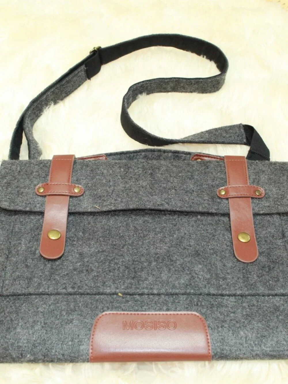 Mosiso Dark Grey Flannel Faux Leather Felt Lined Adj Shoulder Strap Laptop Bag